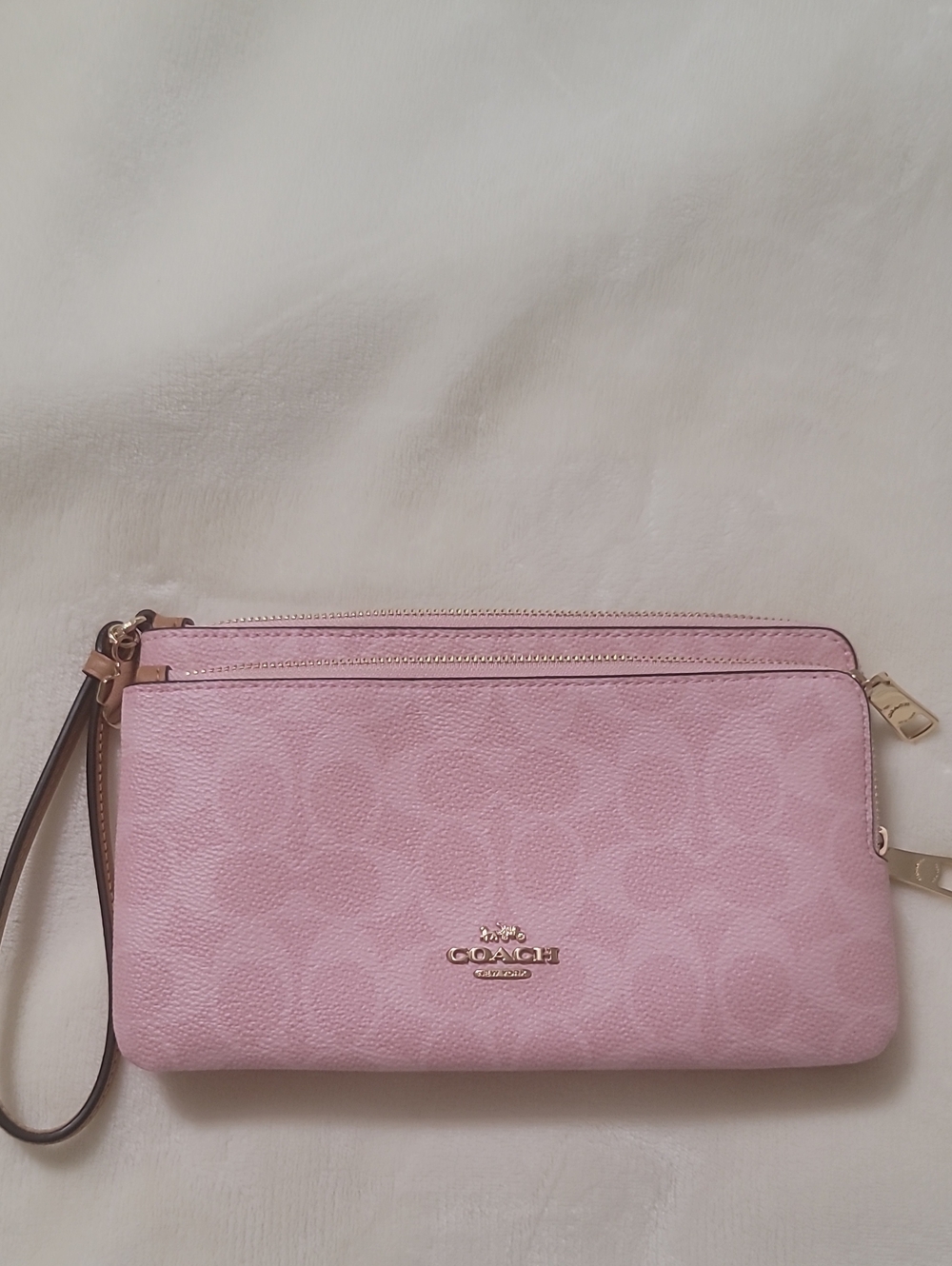 Coach Pink Signature Double-Zip Wristlet with Gold Hardware